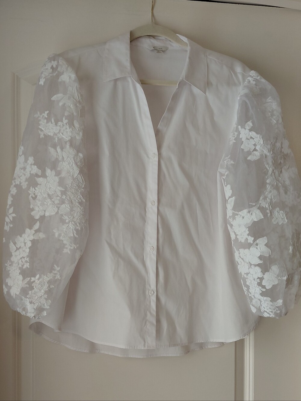 White Cotton Blend Puff Sleeve Button Down Size Extra Large Quiet Luxury